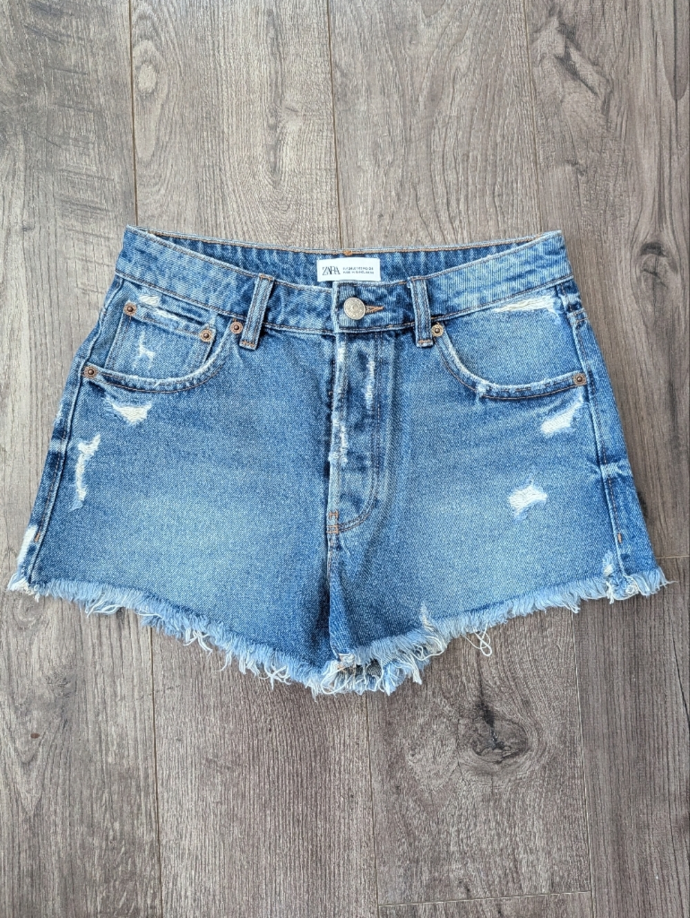 ZARA Y2K Medium Wash Blue High-Rise Distressed Jean Shorts Button Fly - Picture 1 of 9